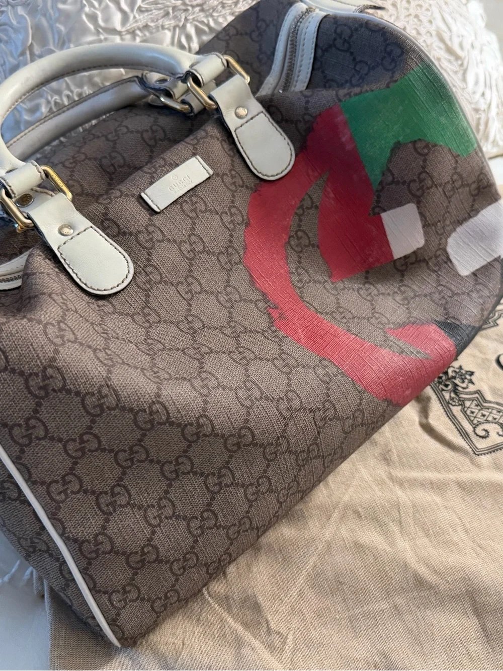 GUCCI Guccisima, hint of sparkle GG Supreme painted beige canvas Boston Bag